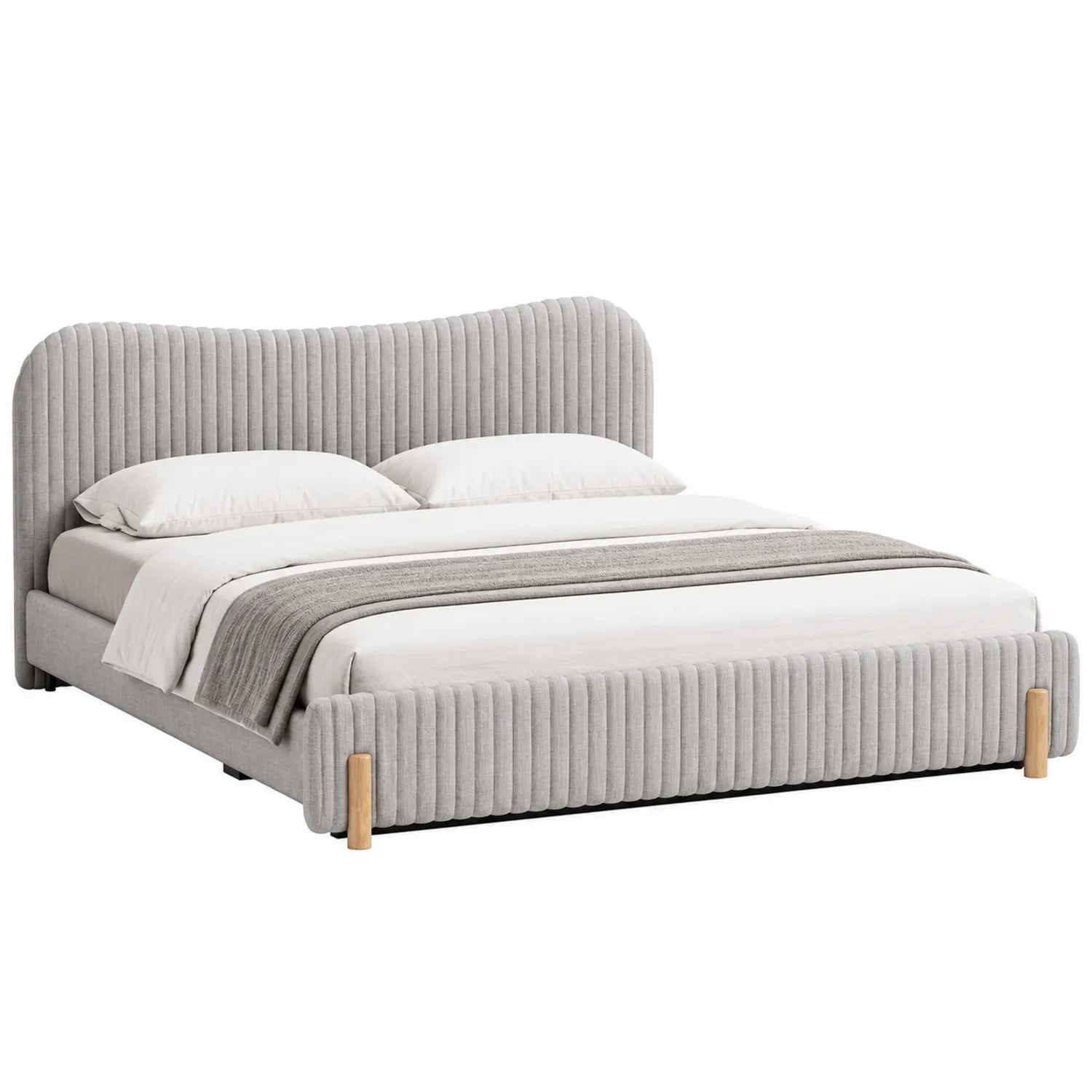 Letto matrimoniale in tessuto grigio con testiera curva