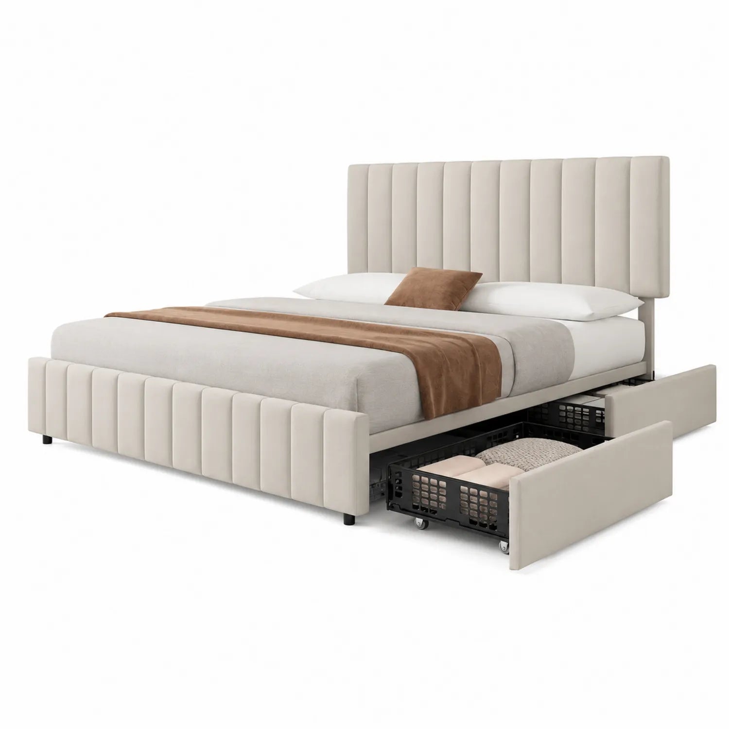 Letto matrimoniale imbottito con contenitore in tessuto beige