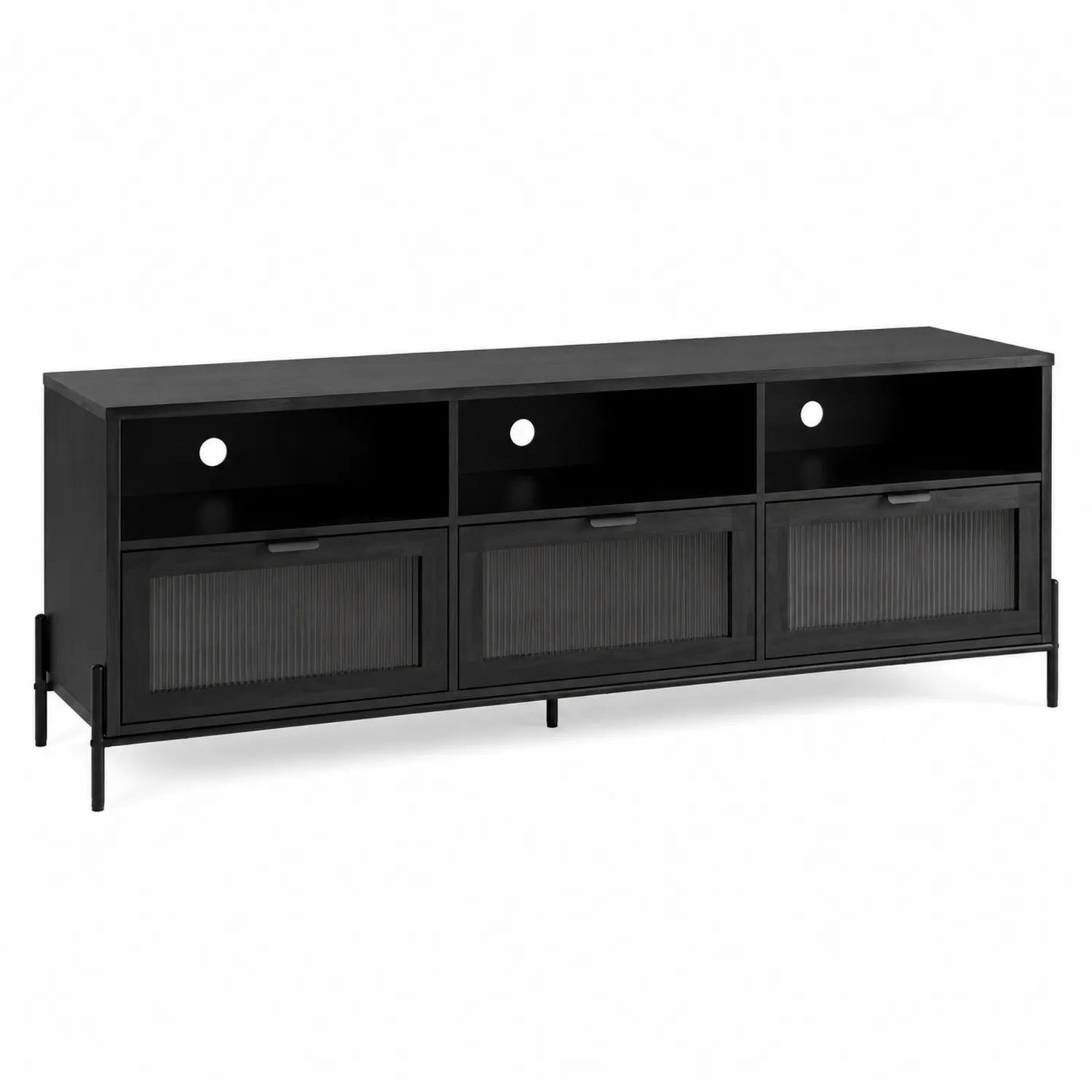 Mobile TV nero in legno e metallo con ante in vetro scanalato 150x40x50cm