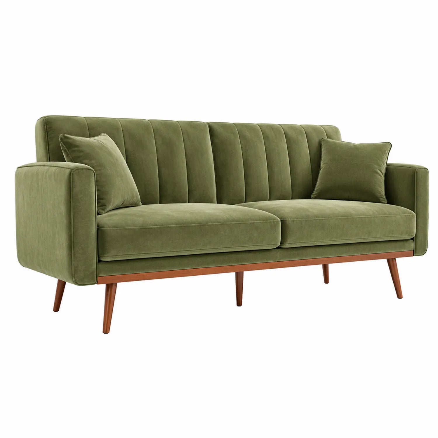Divano in velluto verde a 3 posti con gambe in legno