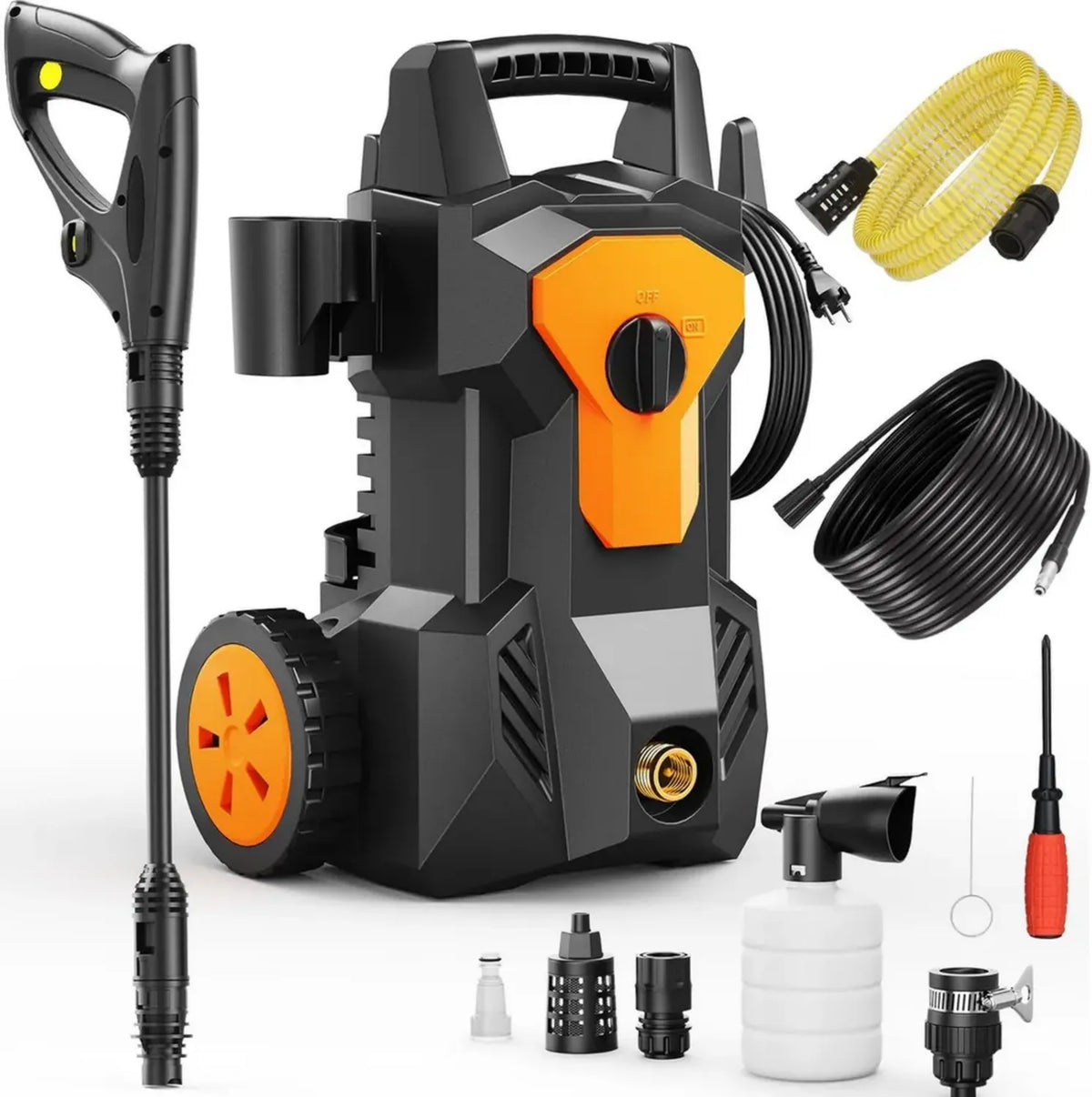 Idropulitrice ad Alta Pressione 1600W, 140 Bar, 420 l/h, Tubo 8M e Cavo 2M, Ugello Regolabile e Avvolgitubo Integrato