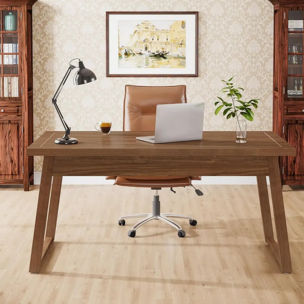 Scrivania Direzionale Tribesigns in Legno con Cassetto da 140 cm, Design Moderno per Ufficio e Casa, Stile Mid-Century, Noce Marrone