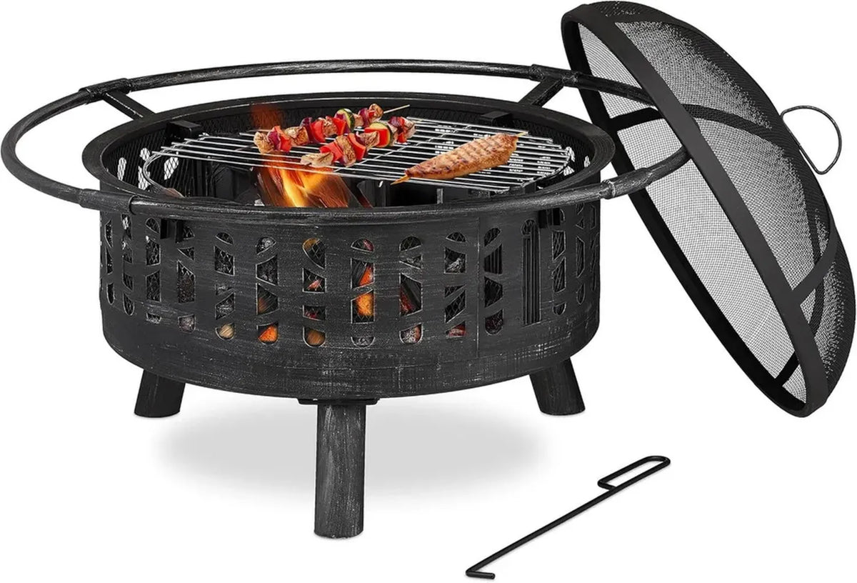 Braciere da Giardino in Acciaio, Ø 75 cm, con Parascintille e Griglia BBQ