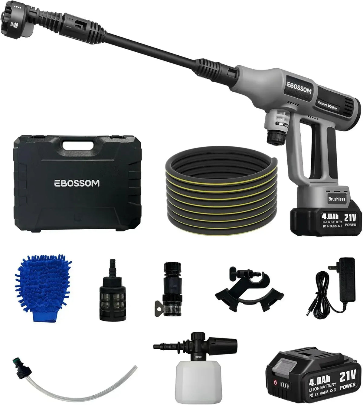 Idropulitrice Portatile a Batteria 65Bar, Pistola ad Alta Pressione con Ugello Multifunzione 6-in-1 per Auto e Giardino, 2 Batterie 4Ah