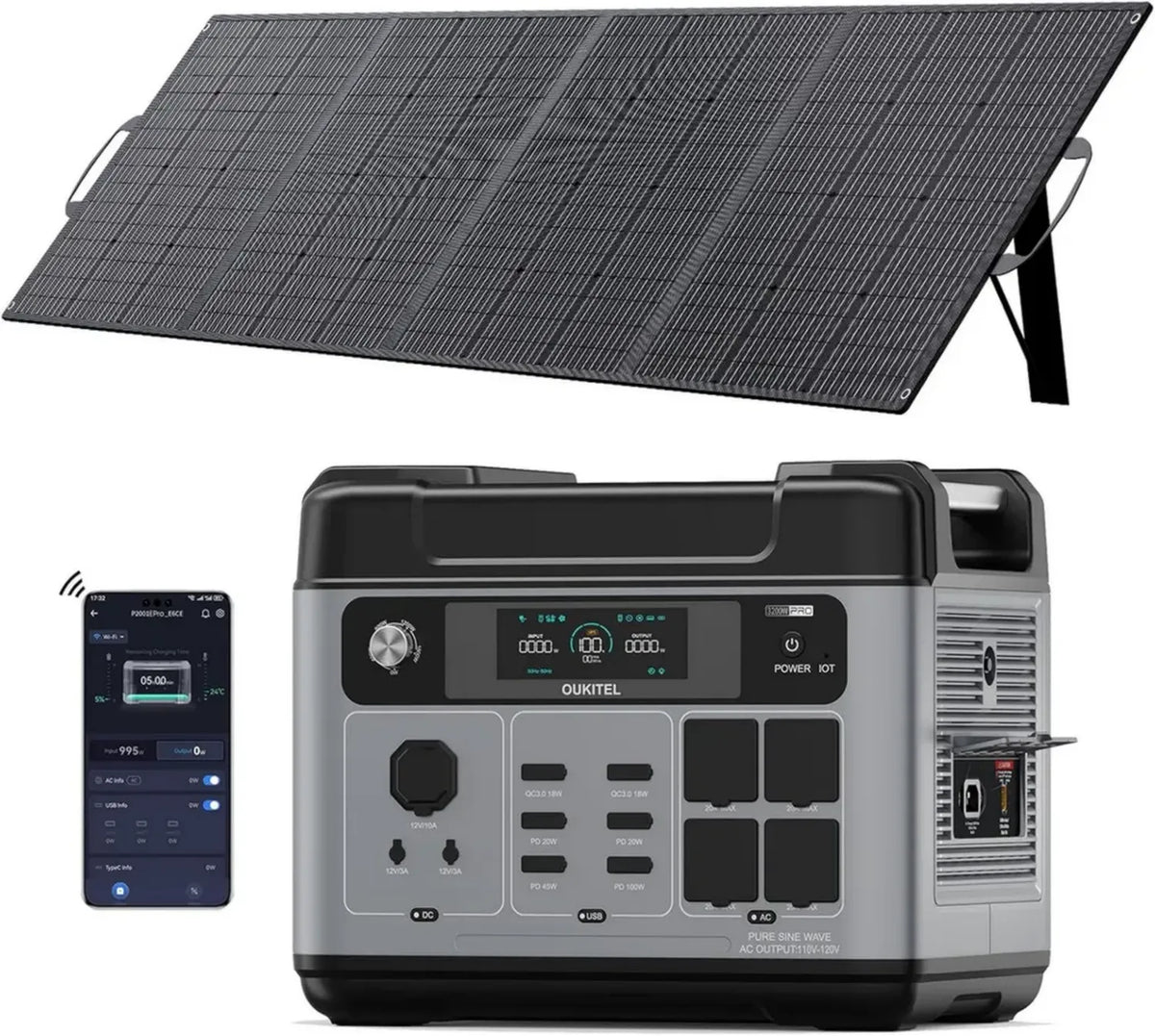 Generatore Solare OUKITEL 3200W P2001E Pro con Pannello da 200W, Batteria LiFePO4 2048Wh, Ricarica Rapida, 16 Porte, Controllo App, Power Station Portatile per Campeggio e Emergenze