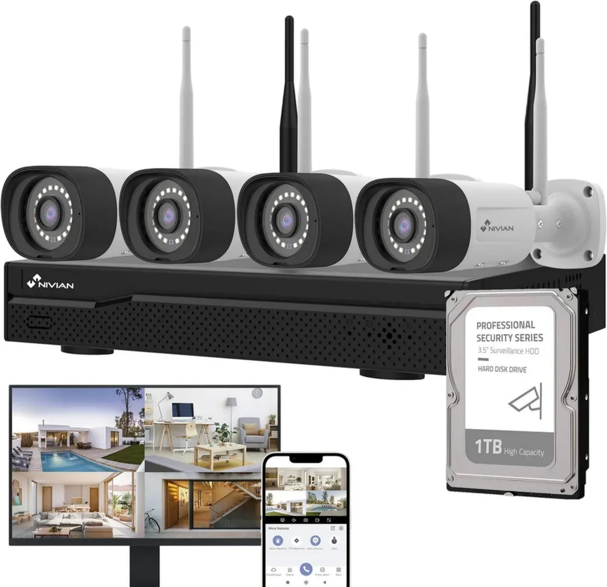 Sistema di Videosorveglianza WiFi NIVIAN 2K con 4 Telecamere IP, NVR 10 Canali, HDD 1TB, Rilevamento Intelligente e Visione Notturna a Colori