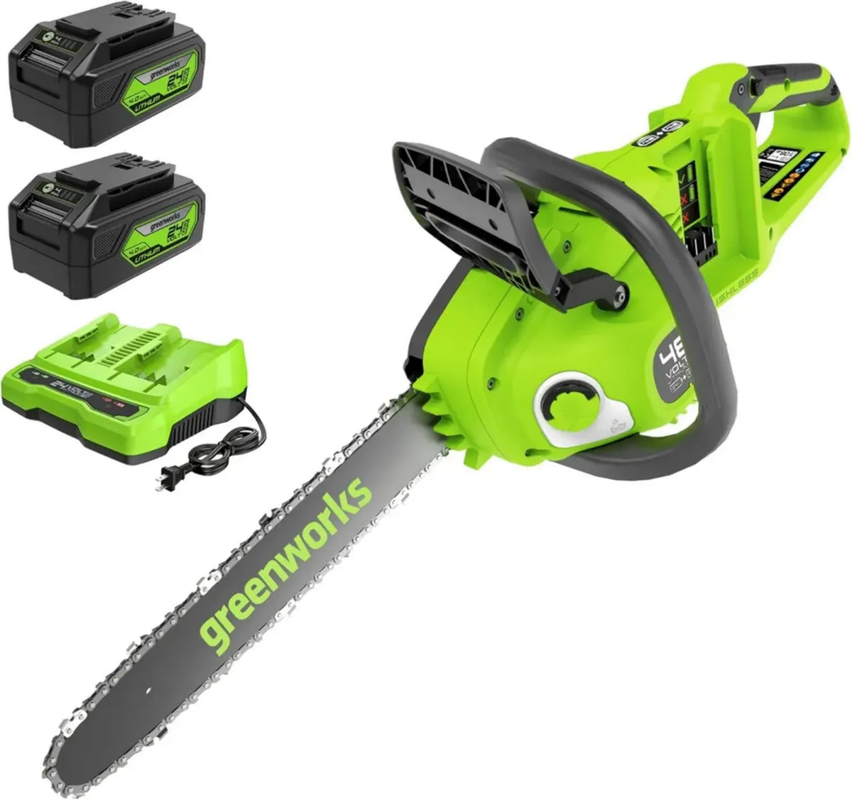 Motosega a Batteria 48V Greenworks 35cm con Motore Brushless, 2 Batterie da 4Ah e Caricabatterie Doppio, Velocità Catena 20m/s, Garanzia 3 Anni
