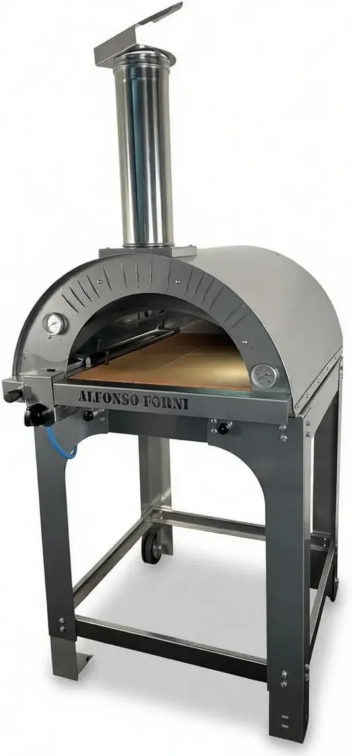 Forno ibrido a legna e gas Alfonso per 4 pizze, tetto in acciaio lucido, con carrello e doppio pirometro