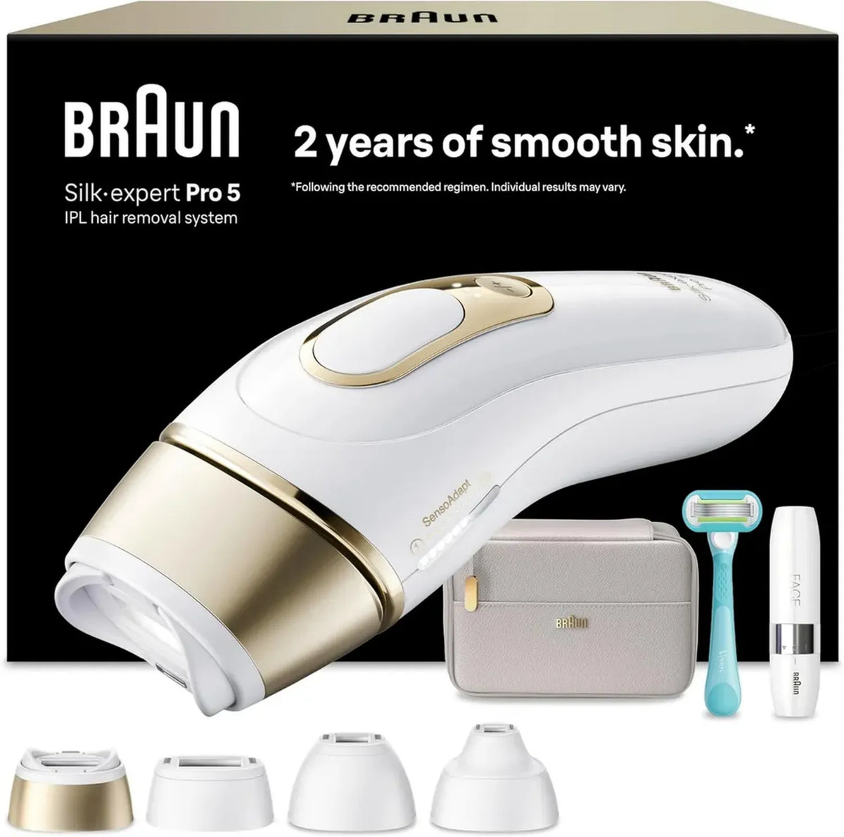 Braun Epilatore a Luce Pulsata Pro 5, Kit Completo per Epilazione Permanente a Casa, Include 4 Testine e Accessori