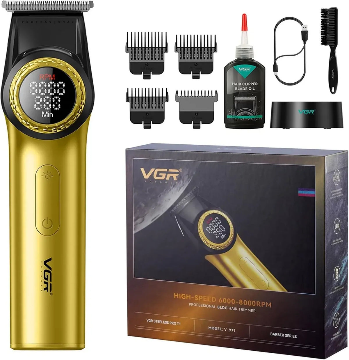 Tagliacapelli Uomo VGR 977 Professionale, T-Blade Senza Fili, Display LED, Oro