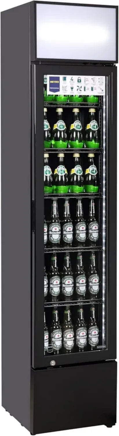 Frigorifero Slim per Bevande, 133L, 200W, Ripiani Regolabili, LED, Serratura, Nero