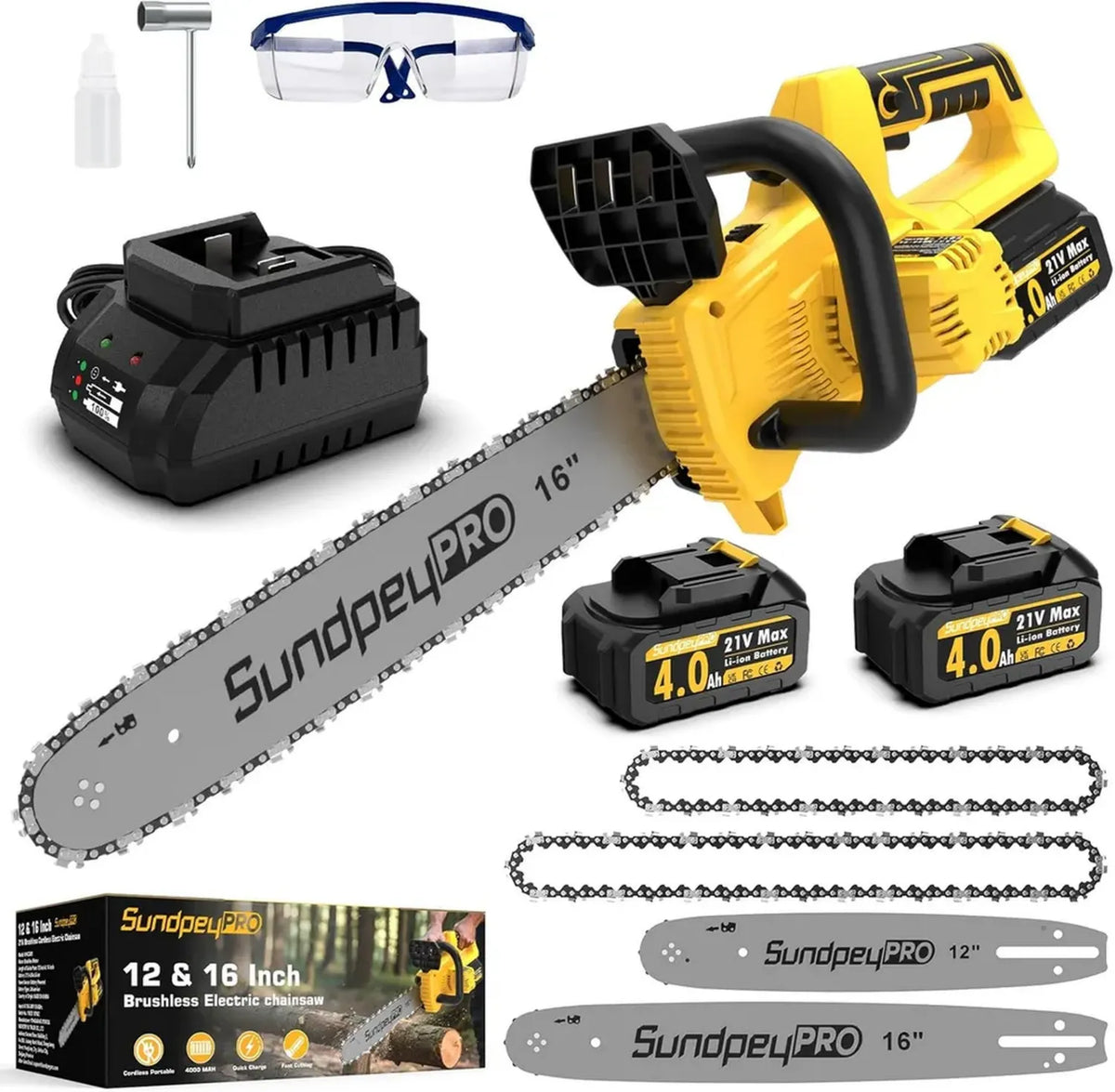 Motosega elettrica portatile 30,5 cm e 40,6 cm con motore brushless, 2 batterie al litio 4000 mAh e ricarica veloce inclusa