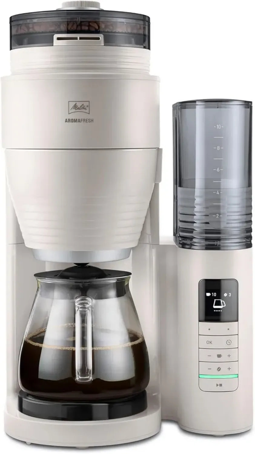 Melitta AromaFresh Pro X - Macchina da Caffè con Macinacaffè Integrato e Caraffa in Vetro, Serbatoio Rimovibile, Fino a 10 Tazze, Colore Grigio Caldo