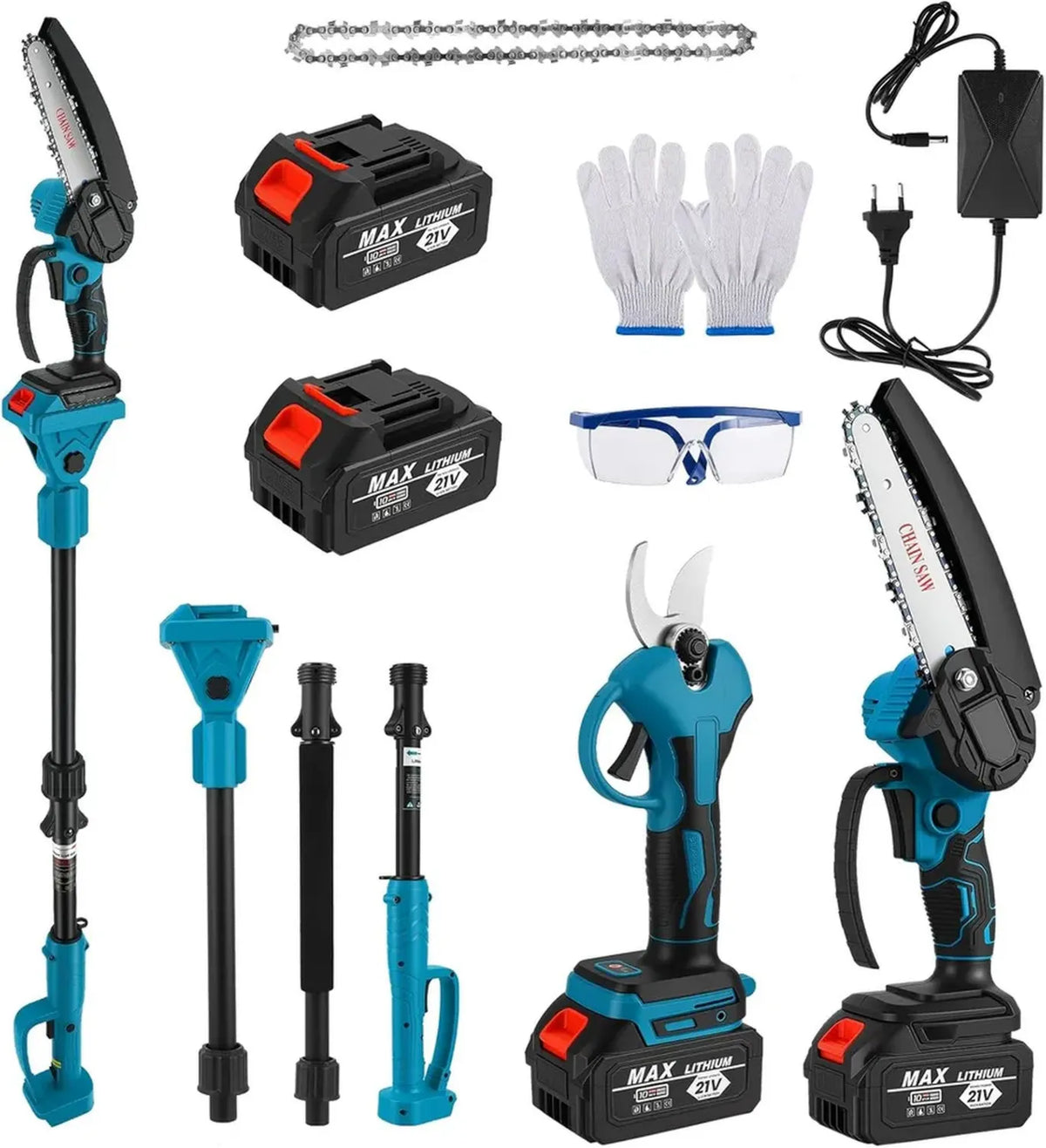 Kit da Giardino 4 in 1 con Mini Motosega, Forbici, e Sega Telescopica a Batteria