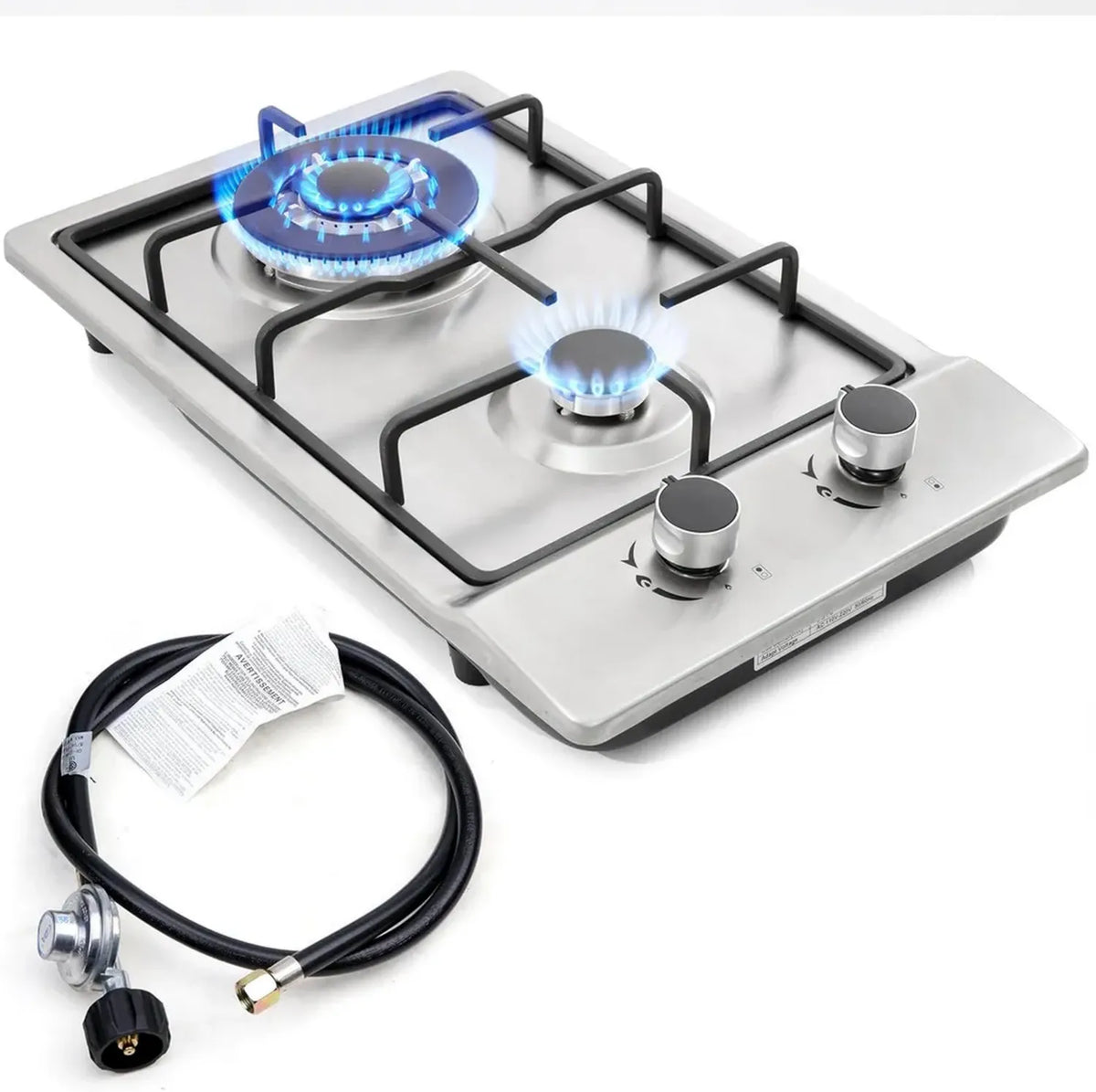 Piano cottura a gas 30,5 cm, 2 fuochi, acciaio inox, doppio combustibile, facile pulizia