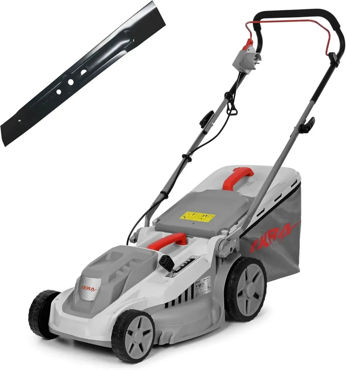 Tagliaerba Elettrico IKRA 1600W, Regolazione Altezza 30-75mm, Larghezza Taglio 38cm, con Lama di Ricambio