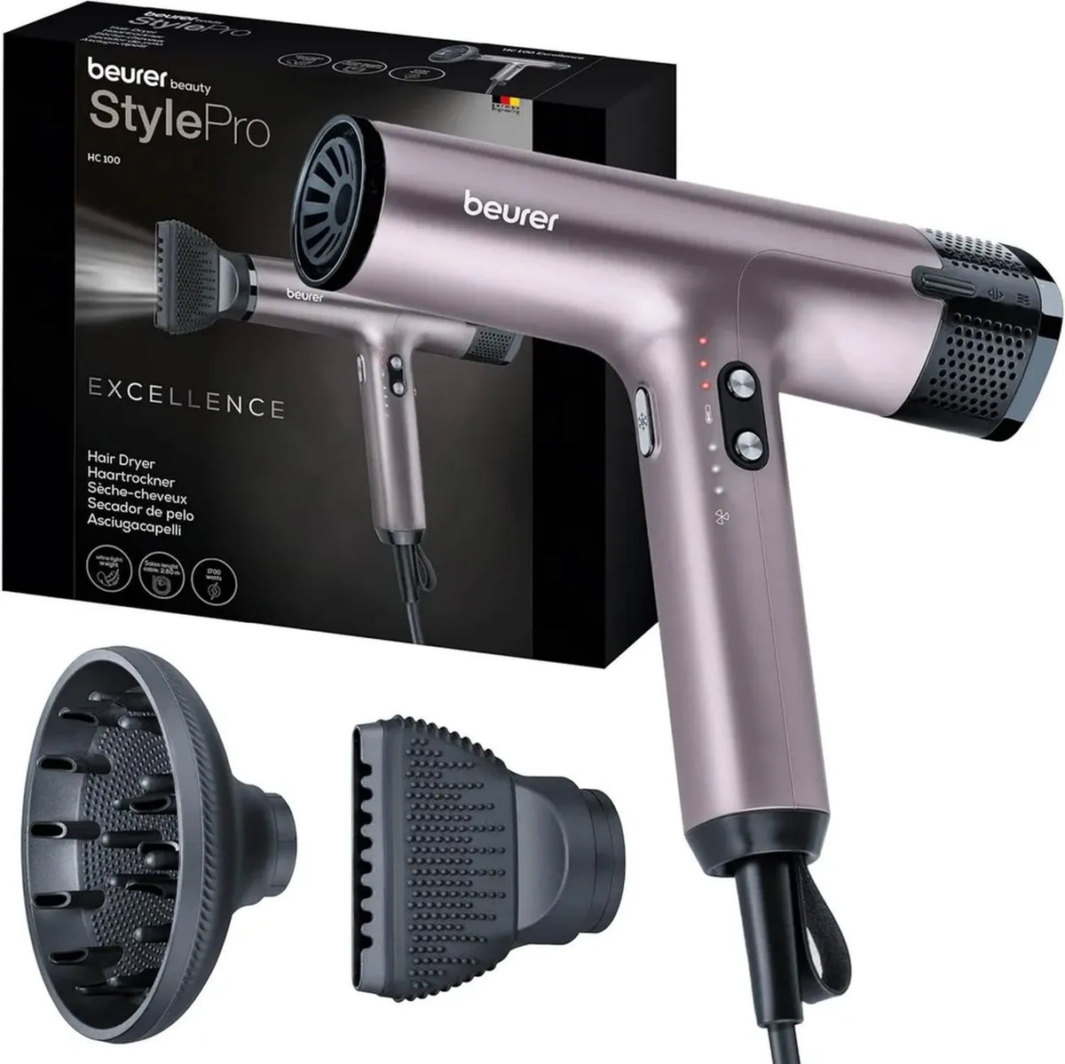 Asciugacapelli Beurer HC 100: Potenza 1700W, Asciugatura Veloce e Libera, 4 Impostazioni di Calore, Accessori Styling Inclusi