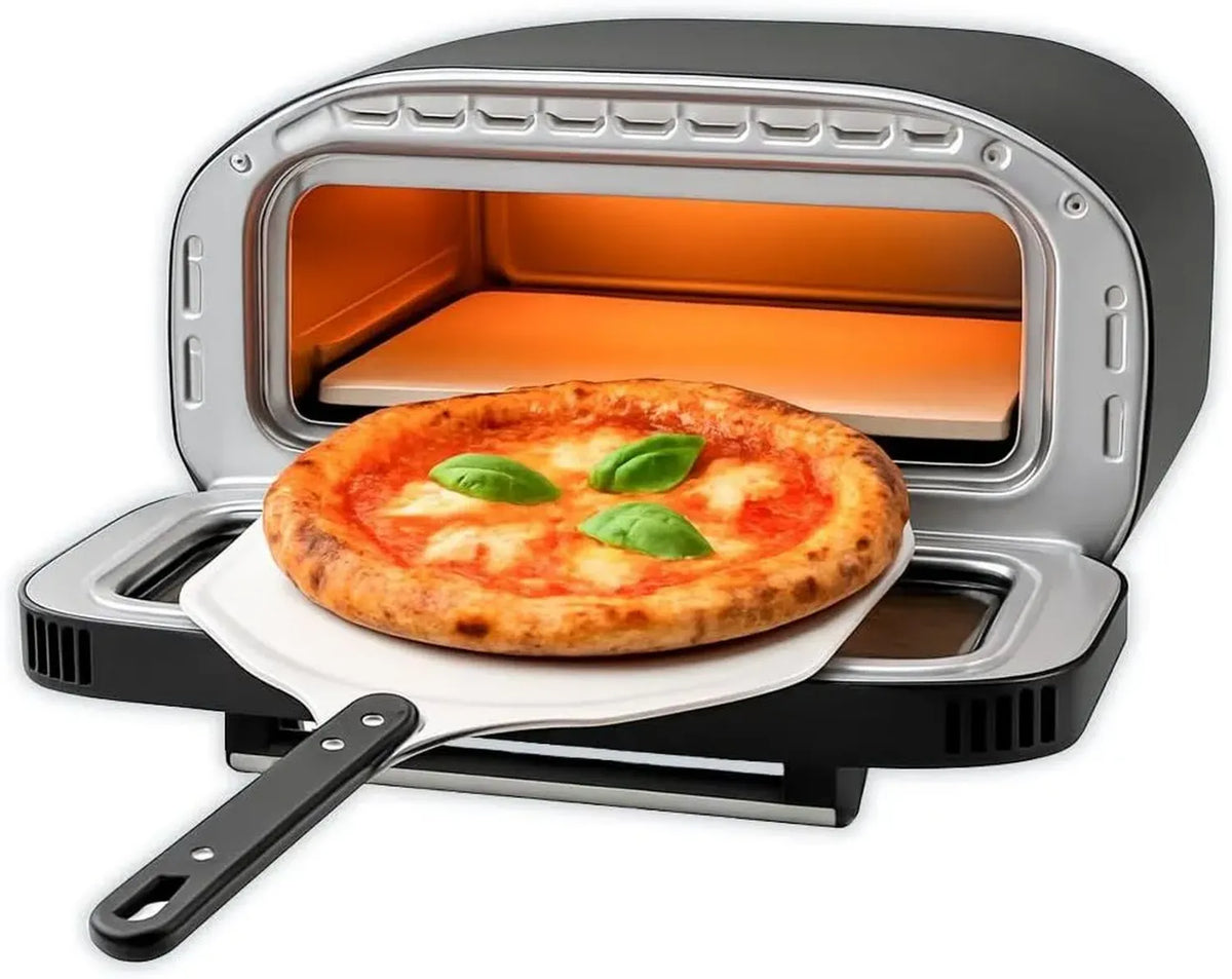BEHOME Forno Pizza Elettrico, Raggiunge 430°C, Cottura Rapida in 2 Minuti, Include Pala e Pietra Refrattaria, 8 Programmi Preimpostati, Display Touch, Ideale per Vari Stili di Pizza