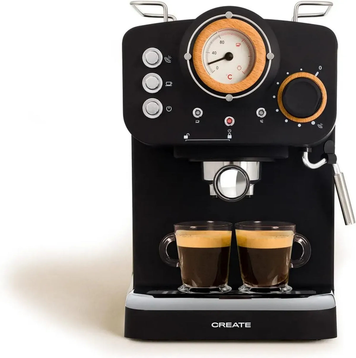 Macchina per caffè espresso semiautomatica nera opaca con dettagli in legno, 20 bar, doppia uscita, serbatoio 1,25L, compatibile con caffè macinato e cialde ESE, schiumatore incluso, 1100W
