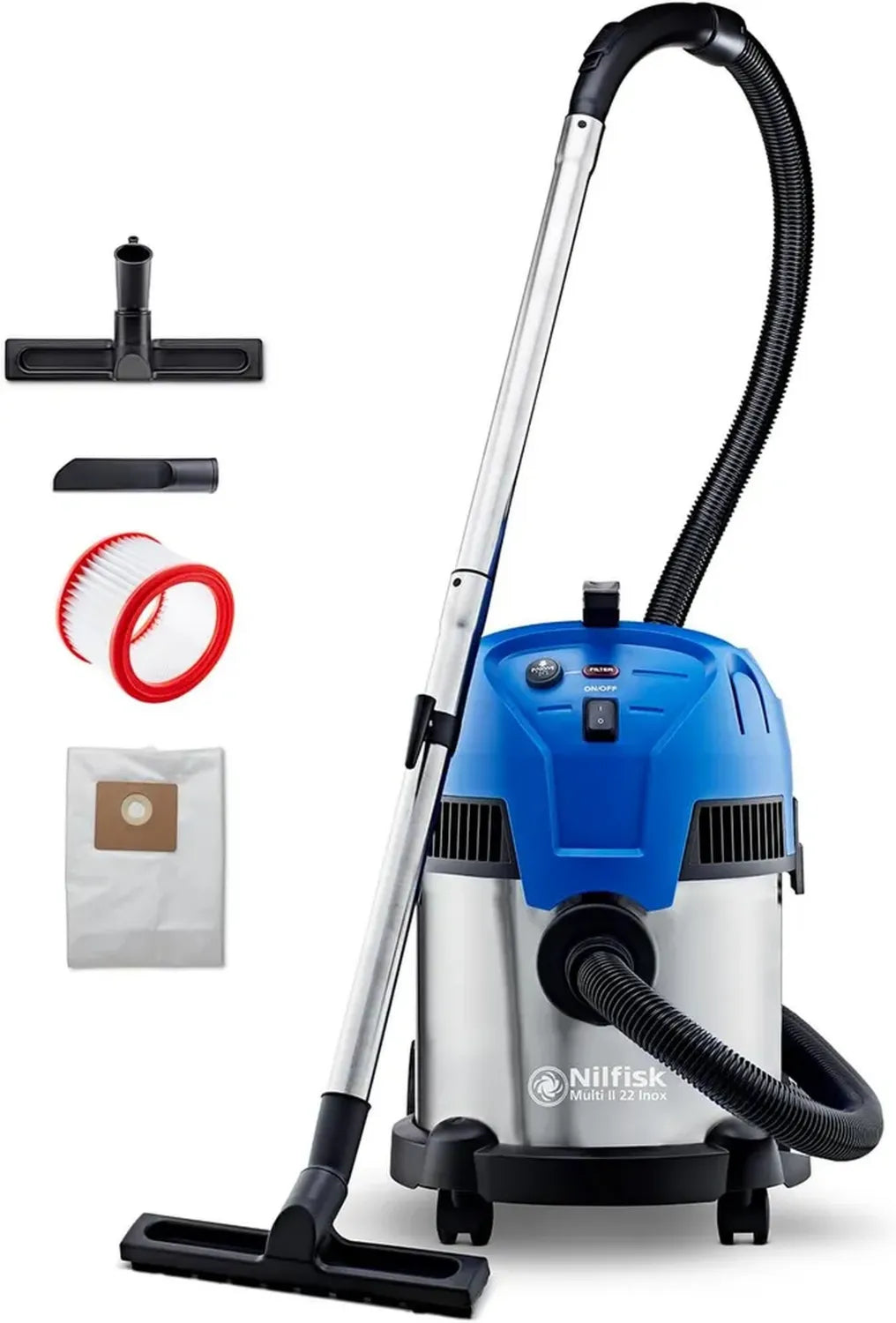 Nilfisk Multi II Inox 22L Aspirapolvere per Solidi e Liquidi - Uso Domestico e Auto - Aspirazione e Soffiaggio (1400 W)