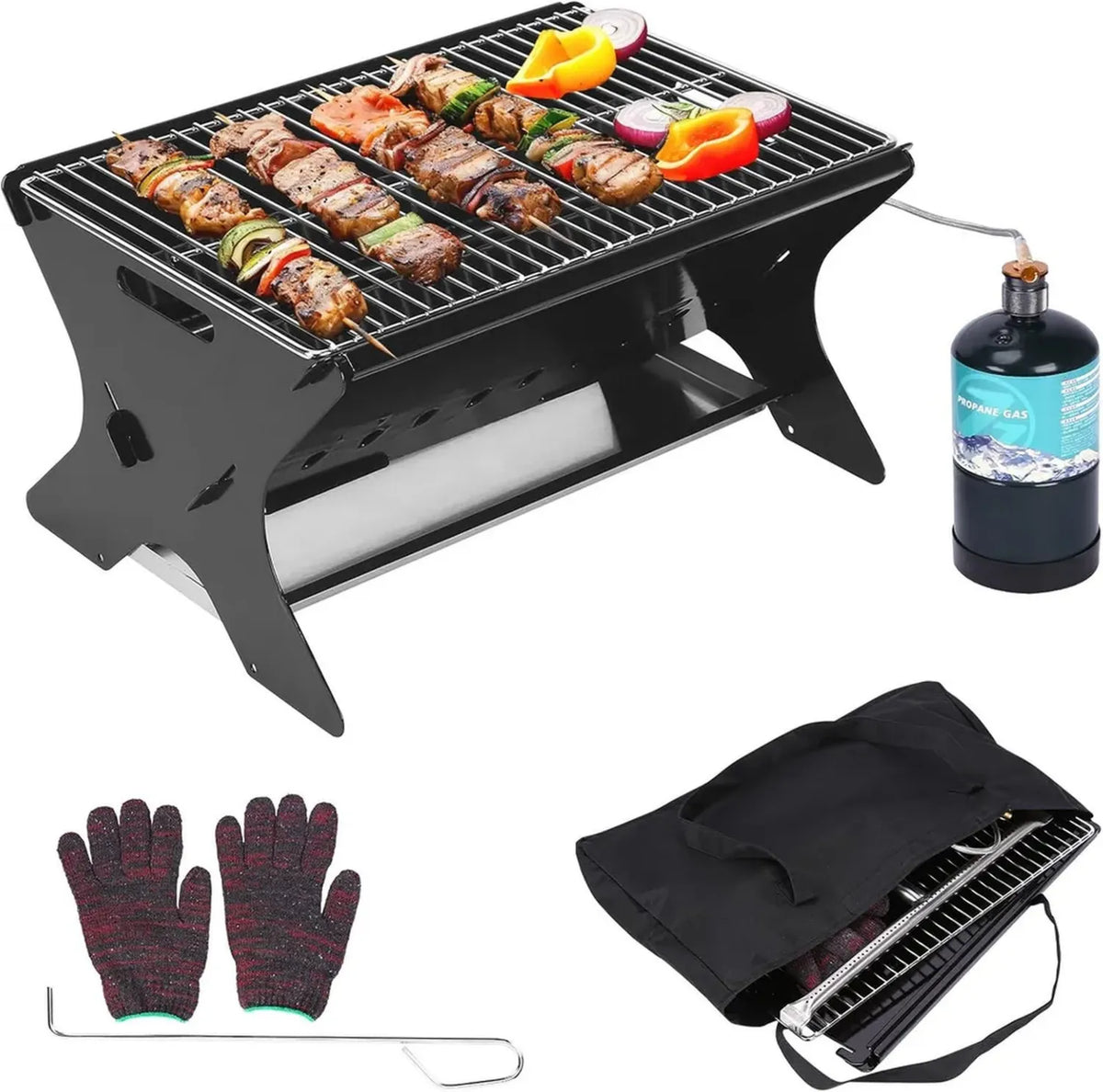 Barbecue portatile a gas e carbonella con borsa, ideale per esterno