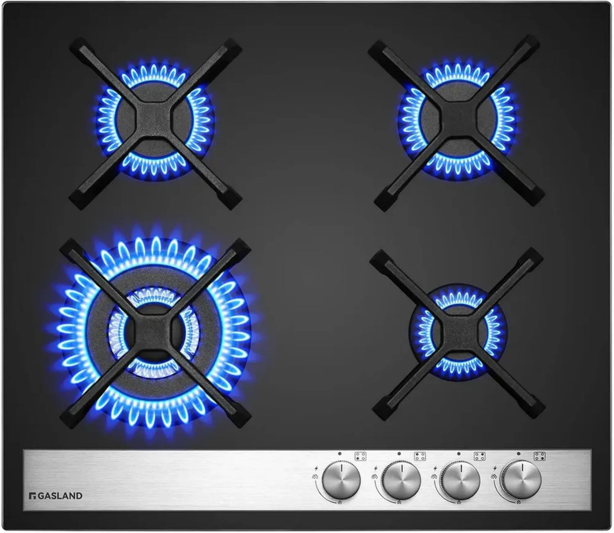 Piano Cottura a Gas in Vetro Nero con 4 Fuochi e Bruciatore Wok, 60 cm, Compatibile GPL/Naturale