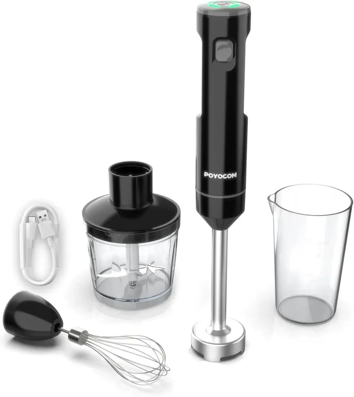 Miscelatore a Immersione Portatile Ricaricabile POYOCOM con Accessori, 500 ml Tritatutto e 600 ml Recipiente - Nero
