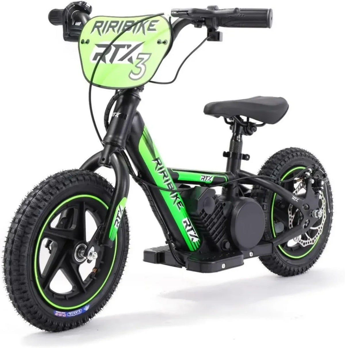 Bicicletta elettrica bambini 12' RIRIBIKE RTX3 24V, Verde, Batteria litio, Motore 100W, Freno disco, Sedile PU regolabile