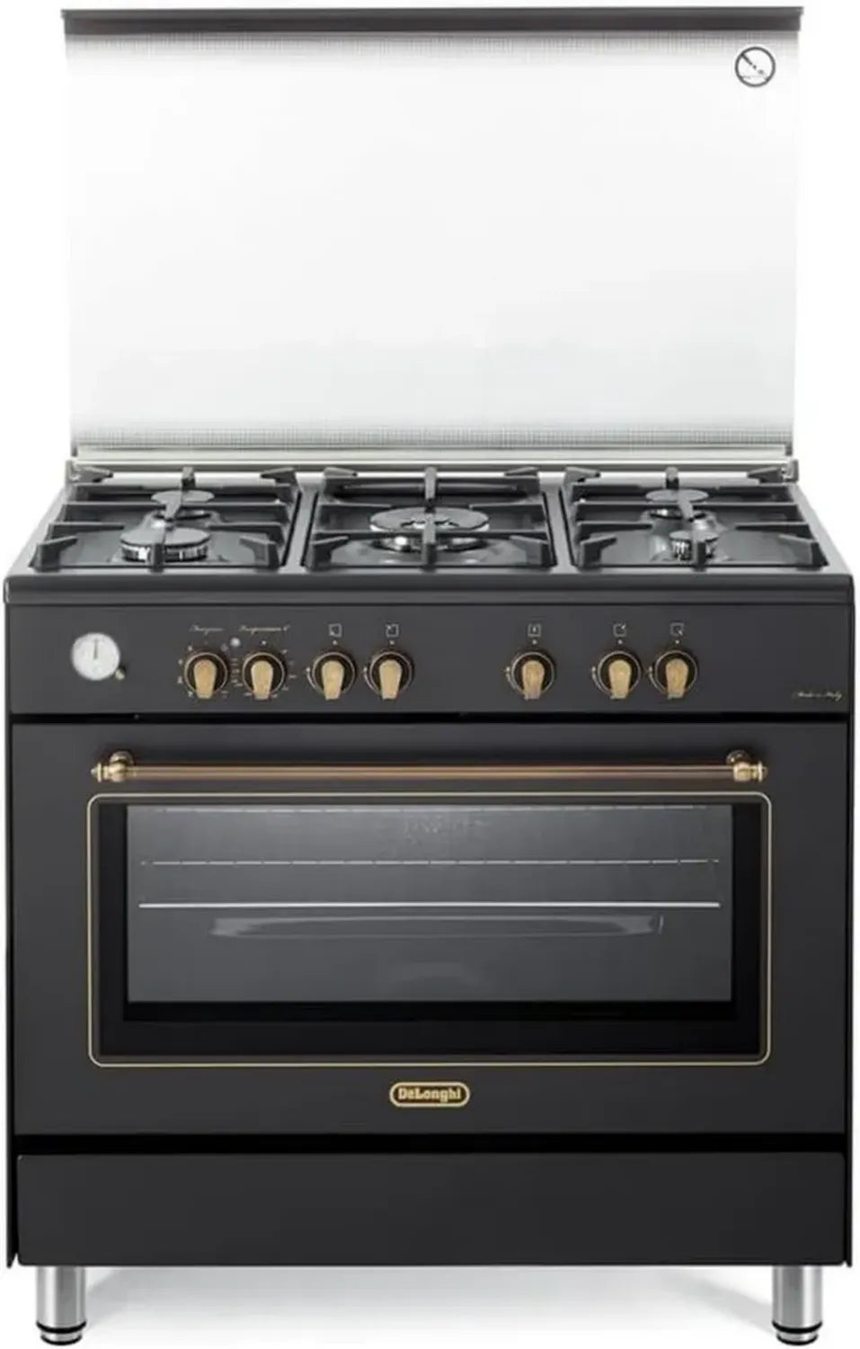 De'Longhi Cucina Gas 90cm, Forno Multifunzione, 5 Fuochi, Doppia Corona, Vetro Copertura, Stile Country, Nero, Classe A