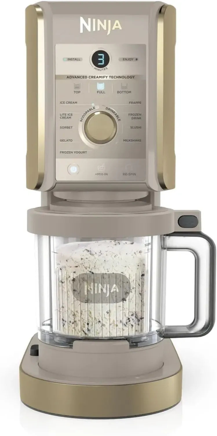 Gelatiera Ninja CREAMi Deluxe con 2 Contenitori, 10 Funzioni per Gelato, Sorbetti, Yogurt e Frullati, Formato Famiglia, Doppio Gusto, Colore Pietra Oro