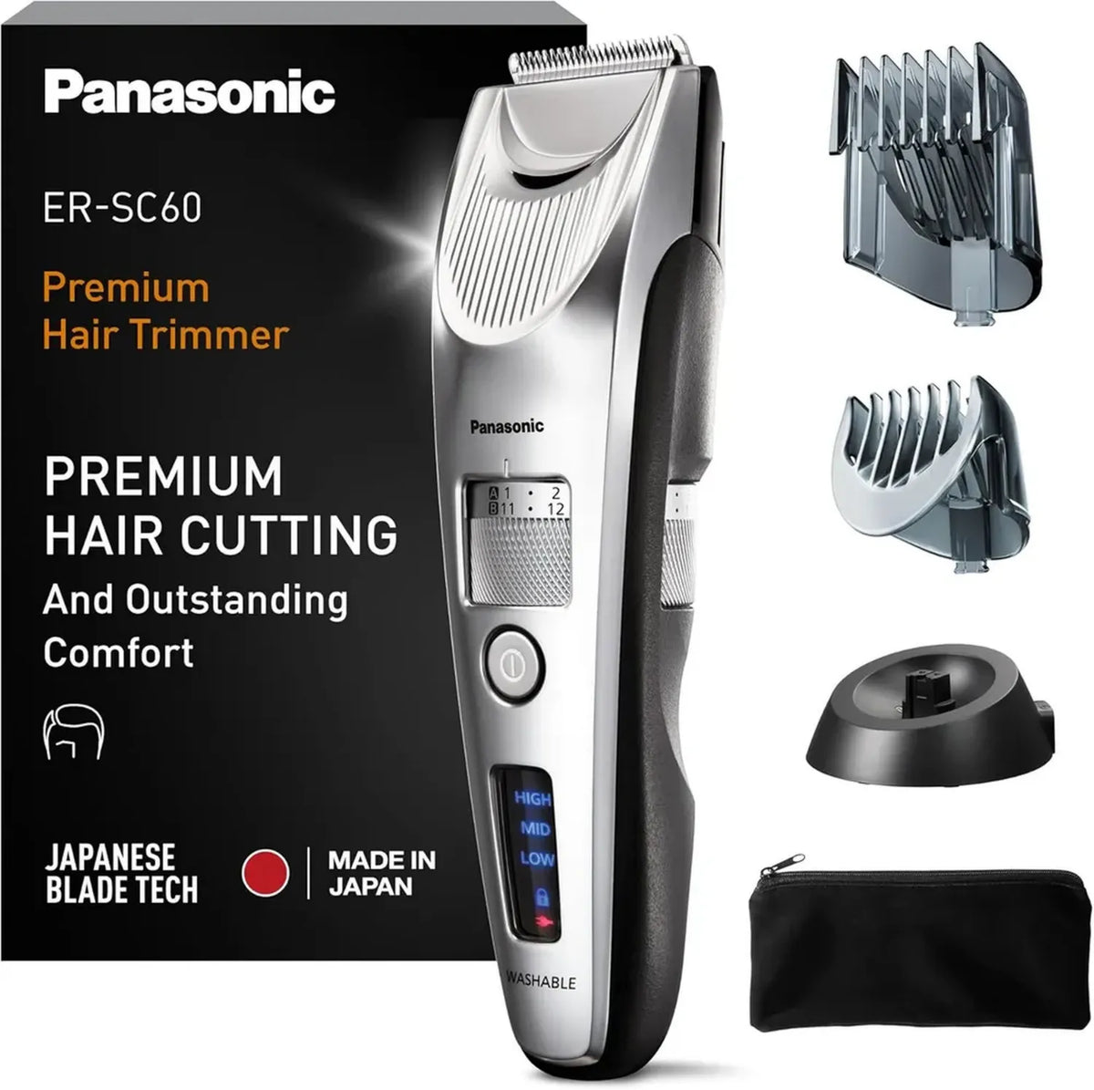 Panasonic ER-SC60-S803 Rasoio Uomo Senza Fili Impermeabile, 20 Lunghezze Regolabili, 2 Accessori, Ricaricabile, Argento