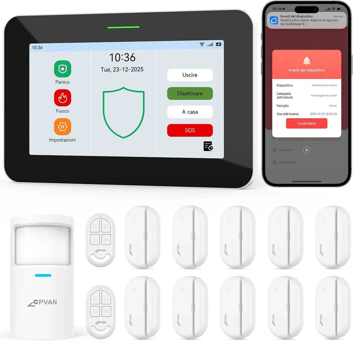 Sistema di Allarme Intelligente WiFi GSM CPVAN con Schermo Touch 7 pollici, 110dB, Controllo APP e SMS, Sensori di Movimento e Porta/Finestra