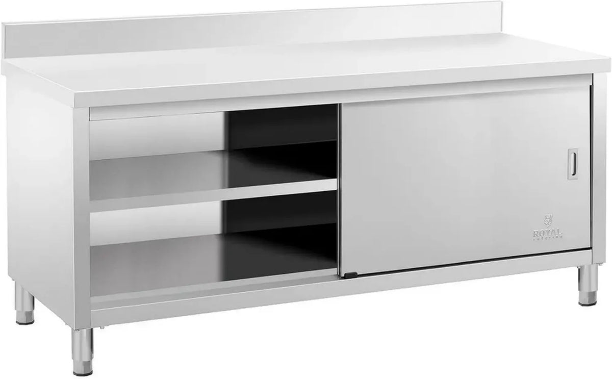 Tavolo in Acciaio Inox con Ante Scorrevoli e Alzatina 200x60 cm