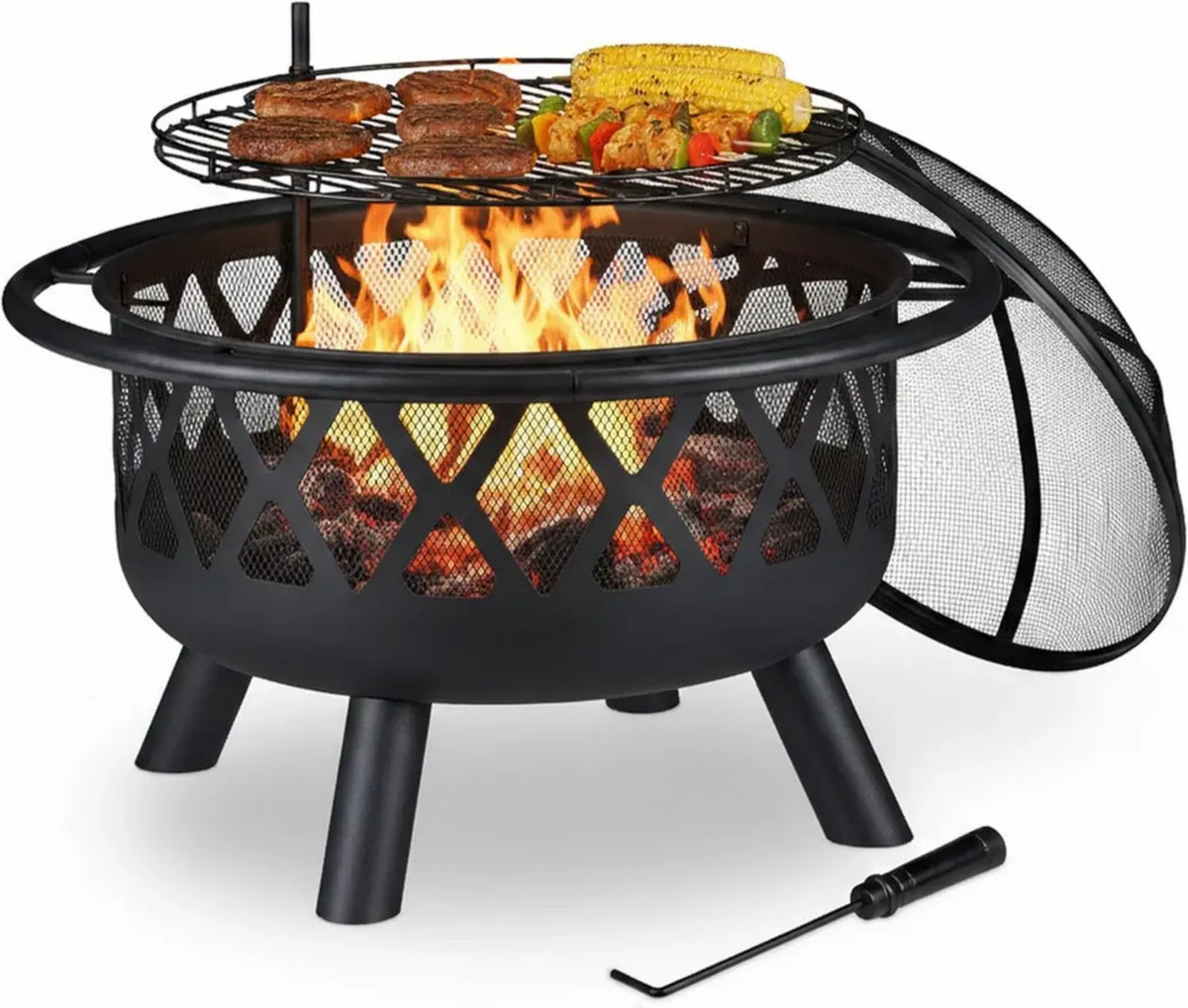 Braciere da Giardino con Griglia in Metallo Nero, 75 cm, Con Parascintille e Attizzatoio
