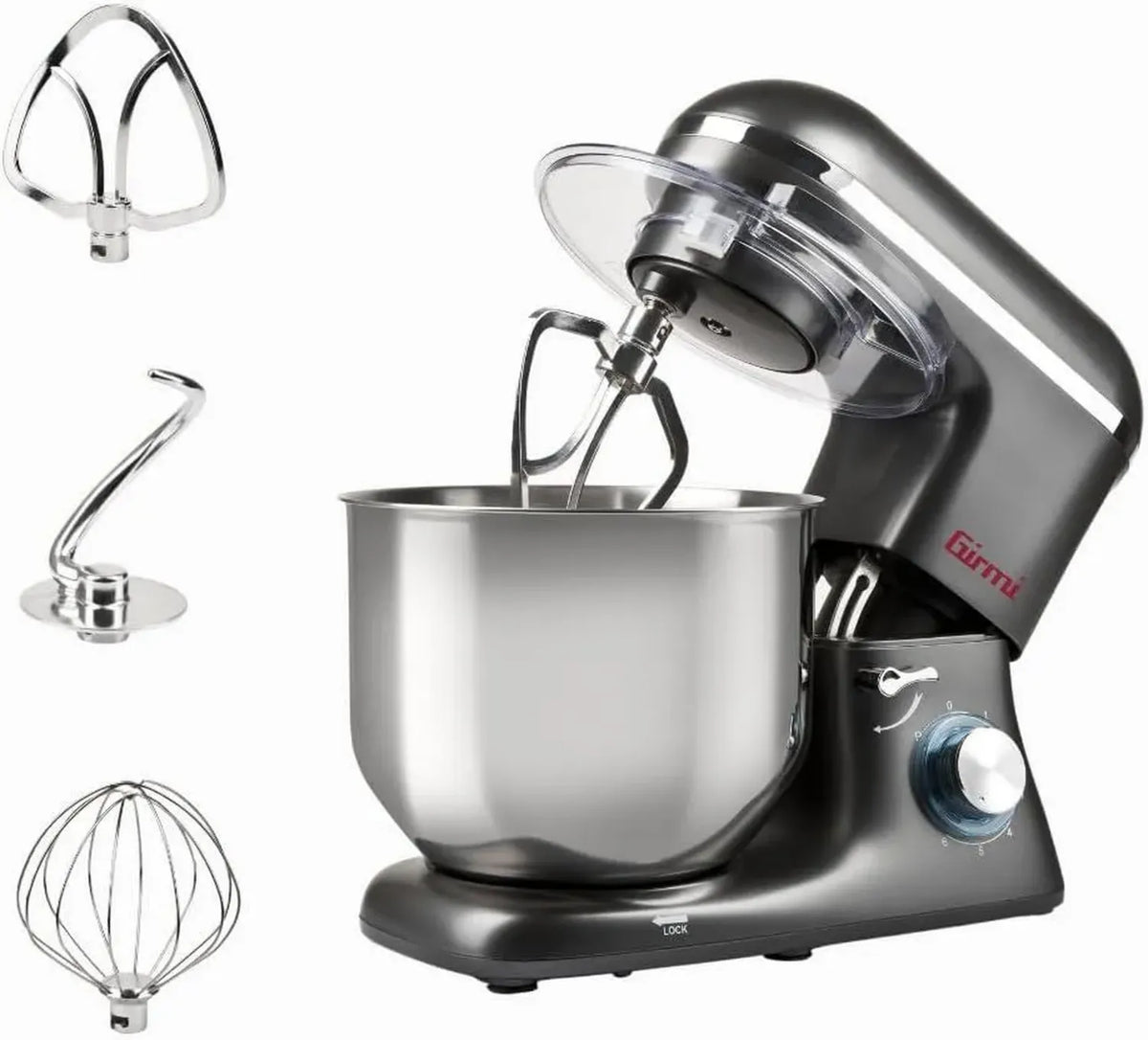 Girmi IM46 Planetaria da Cucina 1800W, 8L, 6 Velocità, Funzione Pulse, Ciotola Inox, Sistema di Sicurezza, Accessori Grigio Antracite