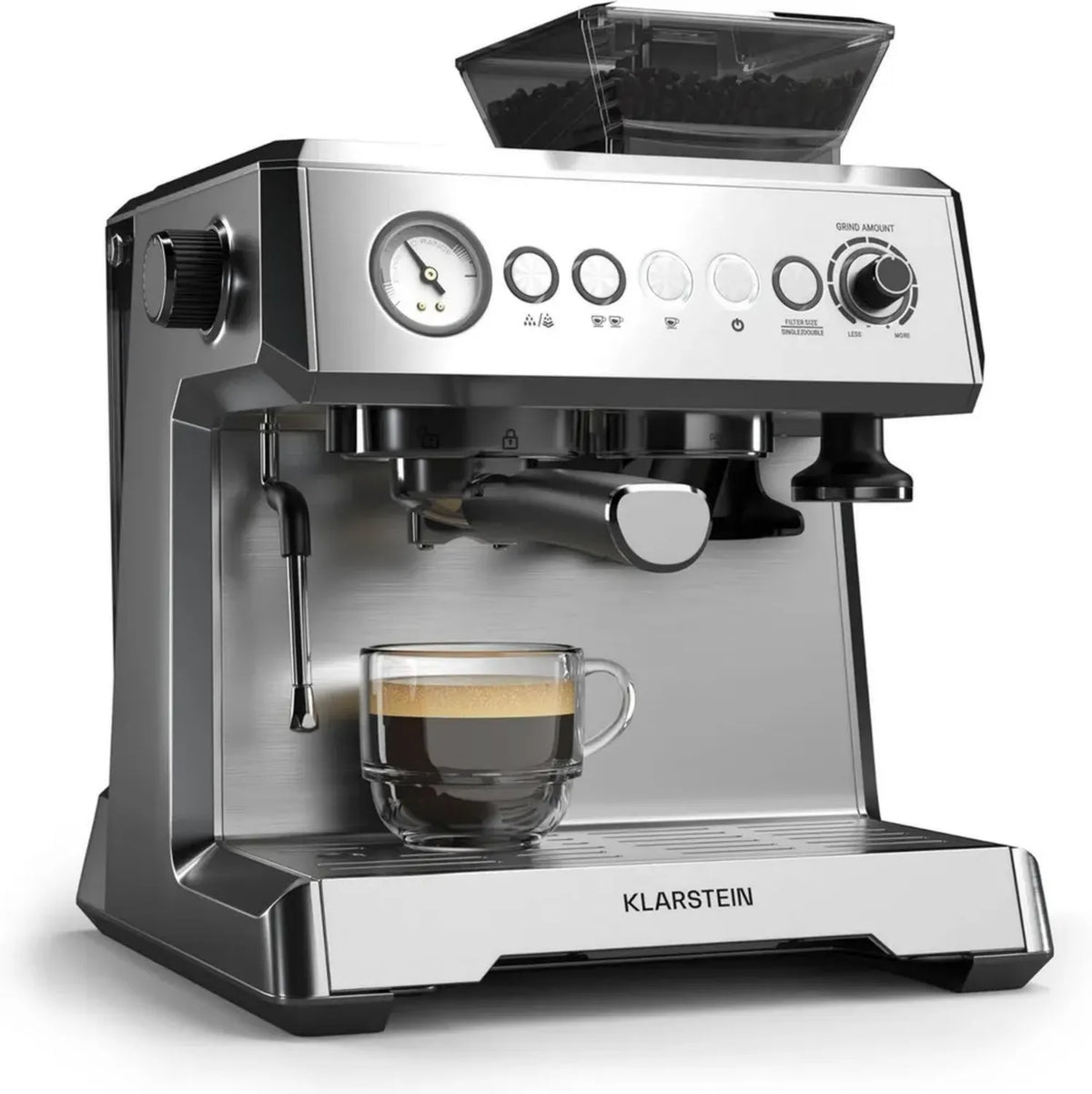 Macchina per Caffè Espresso Klarstein, 1350W, 20 Bar, Macinacaffè Integrato, Serbatoio 2,3L, Beccuccio Vapore