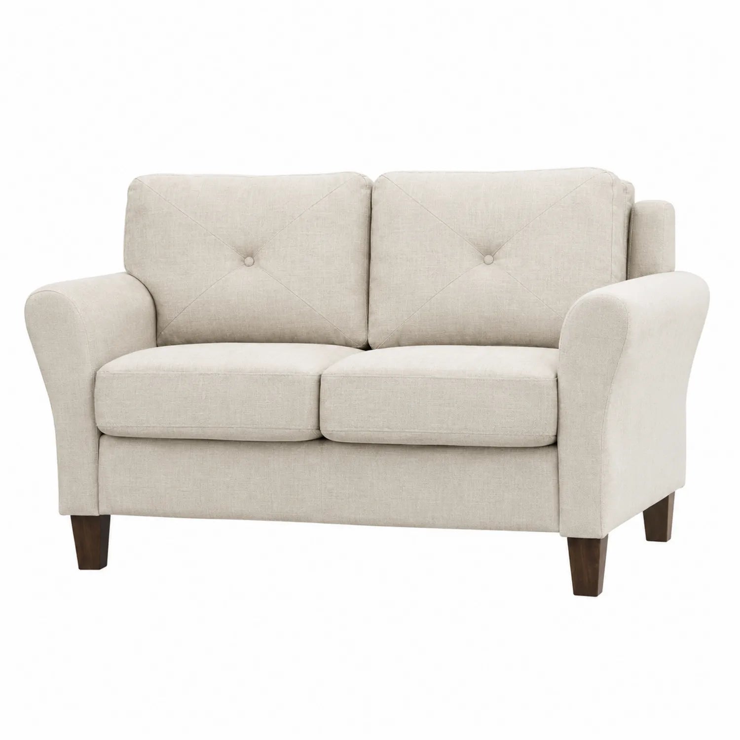 Divano due posti in tessuto beige con gambe in legno