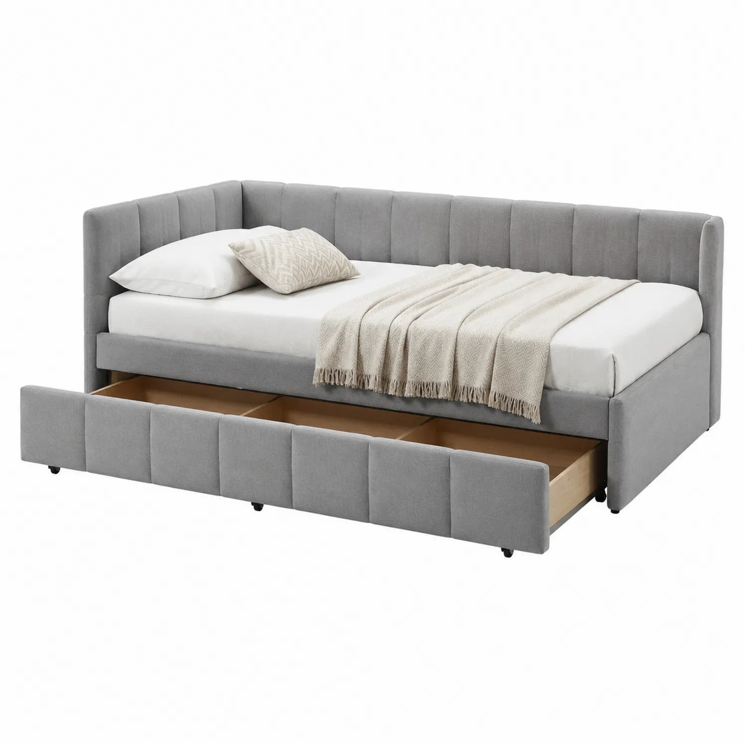 Letto Divano con Contenitore in Tessuto Grigio con Cassetto Estraibile