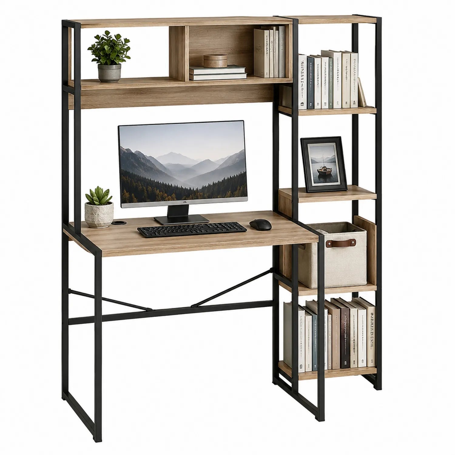 Scrivania in Legno con Ripiani e Struttura in Metallo Nero 120x60x145 cm