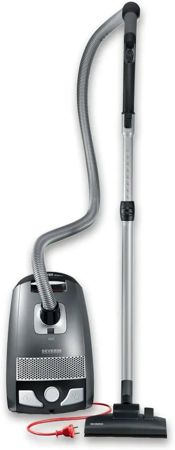 Aspirapolvere SEVERIN 750W con Sacco e Filtro HEPA, Silenzioso e Potente, Raggio d'Azione 9m, Bocchetta Parquet XL, Grigio/Rosso