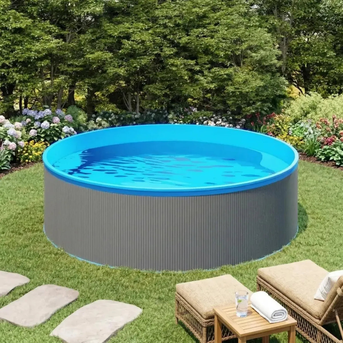 Piscina rotonda da giardino in acciaio 350x90 cm, con struttura robusta e rivestimento in PVC, capacità 7200 litri, facile montaggio e smontaggio