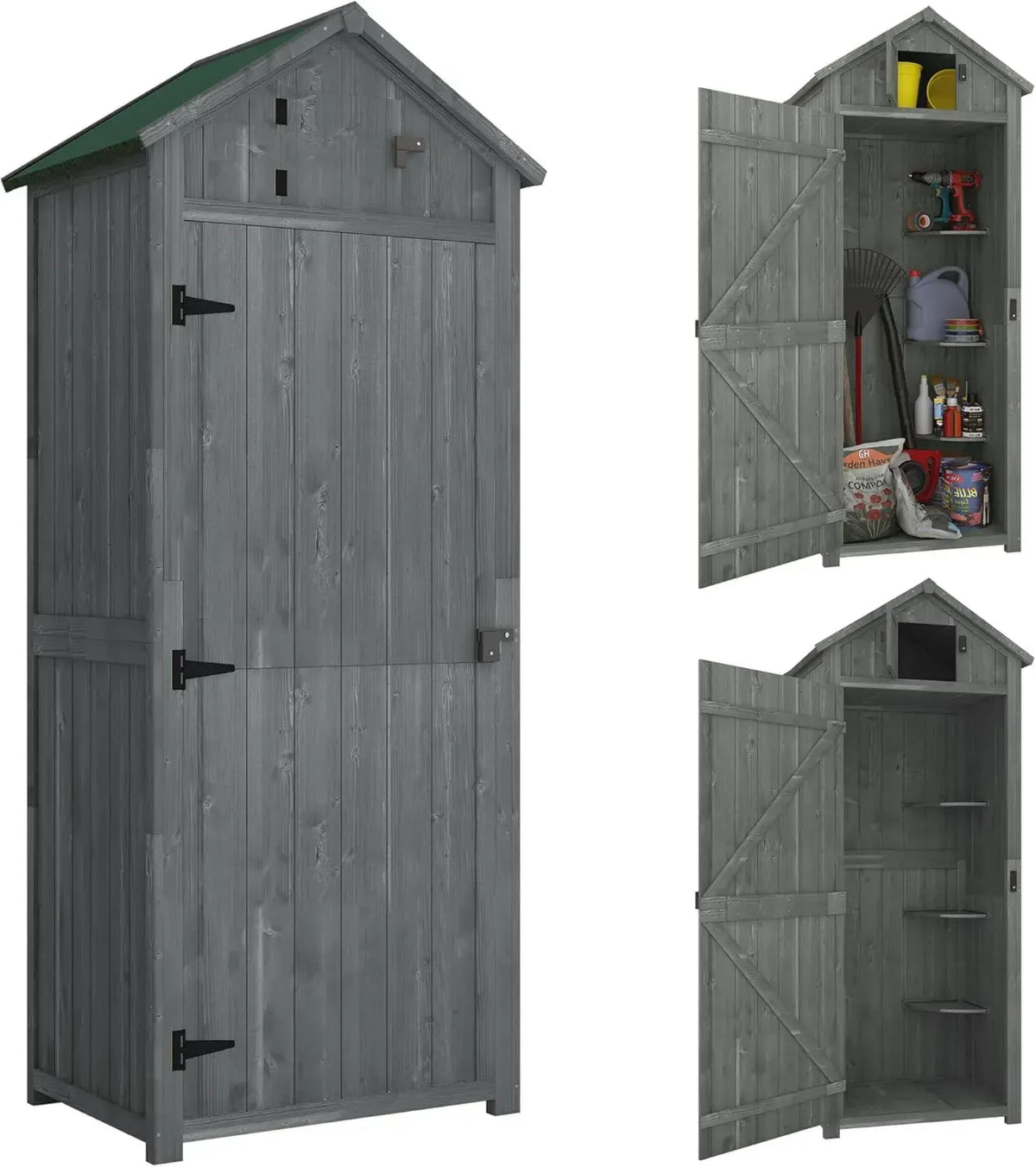 Outsunny Casetta da Giardino in Legno con Ripiani Rimovibili e Tetto Impermeabile, Grigio