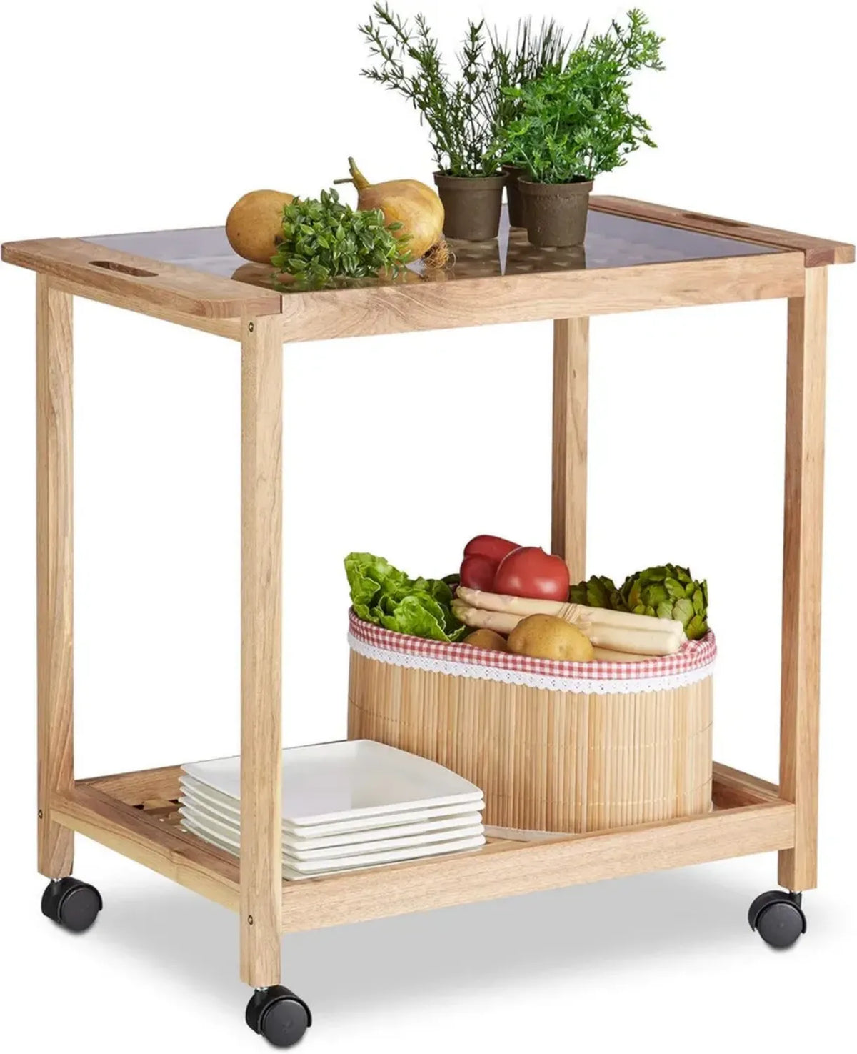 Carrello da Cucina in Noce con Piano in Vetro e Ruote, 62x66x38 cm, Marrone Chiaro