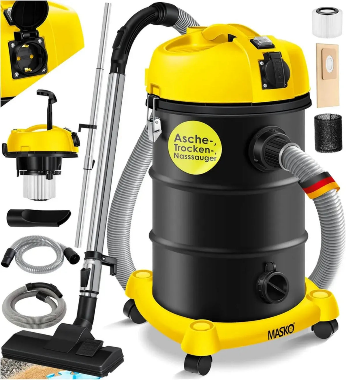 Aspirapolvere Industriale 2300W 6 in 1 con Funzione Soffiaggio, Uso a Secco e Umido, Giallo