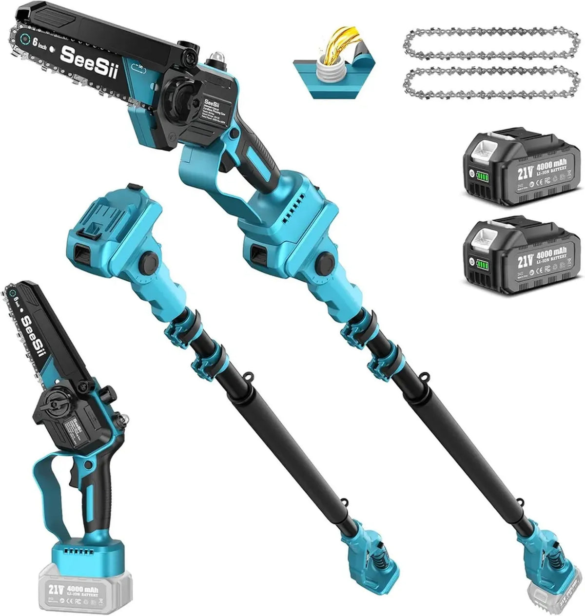 Motosega Telescopica 2-in-1 SEESII con Mini Sega Elettrica Brushless, 6 Pollici, Manico Estensibile e 2 Batterie da 4000mAh