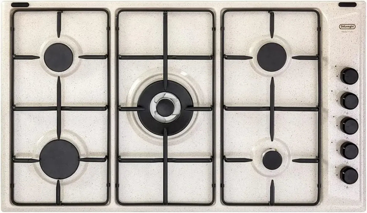 De Longhi Piano Cottura a Gas 90 cm, 5 Fuochi con Doppia Corona, Colore Avena