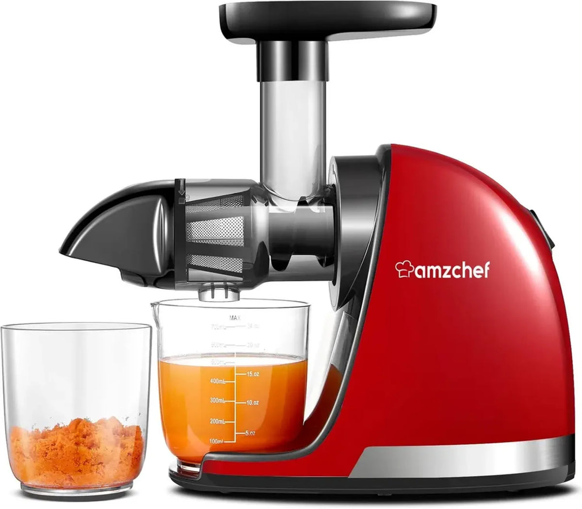 Estrattore di Succo AMZCHEF, Senza BPA, Masticazione Lenta, con Due Contenitori e Spazzola, Rosso