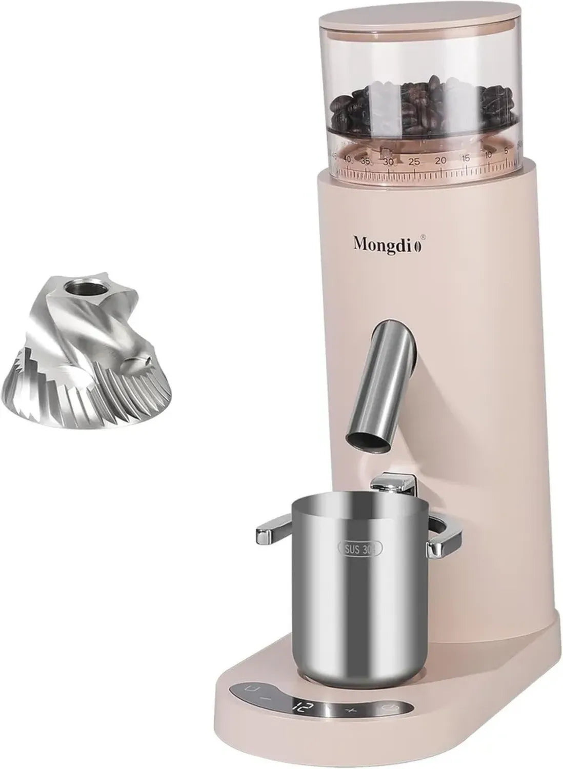 Macinacaffè Elettrico Mongdio, 60 Impostazioni di Macinatura, Batteria 2600mAh, Perfetto per Espresso e Caffè alla Francese, Bianco