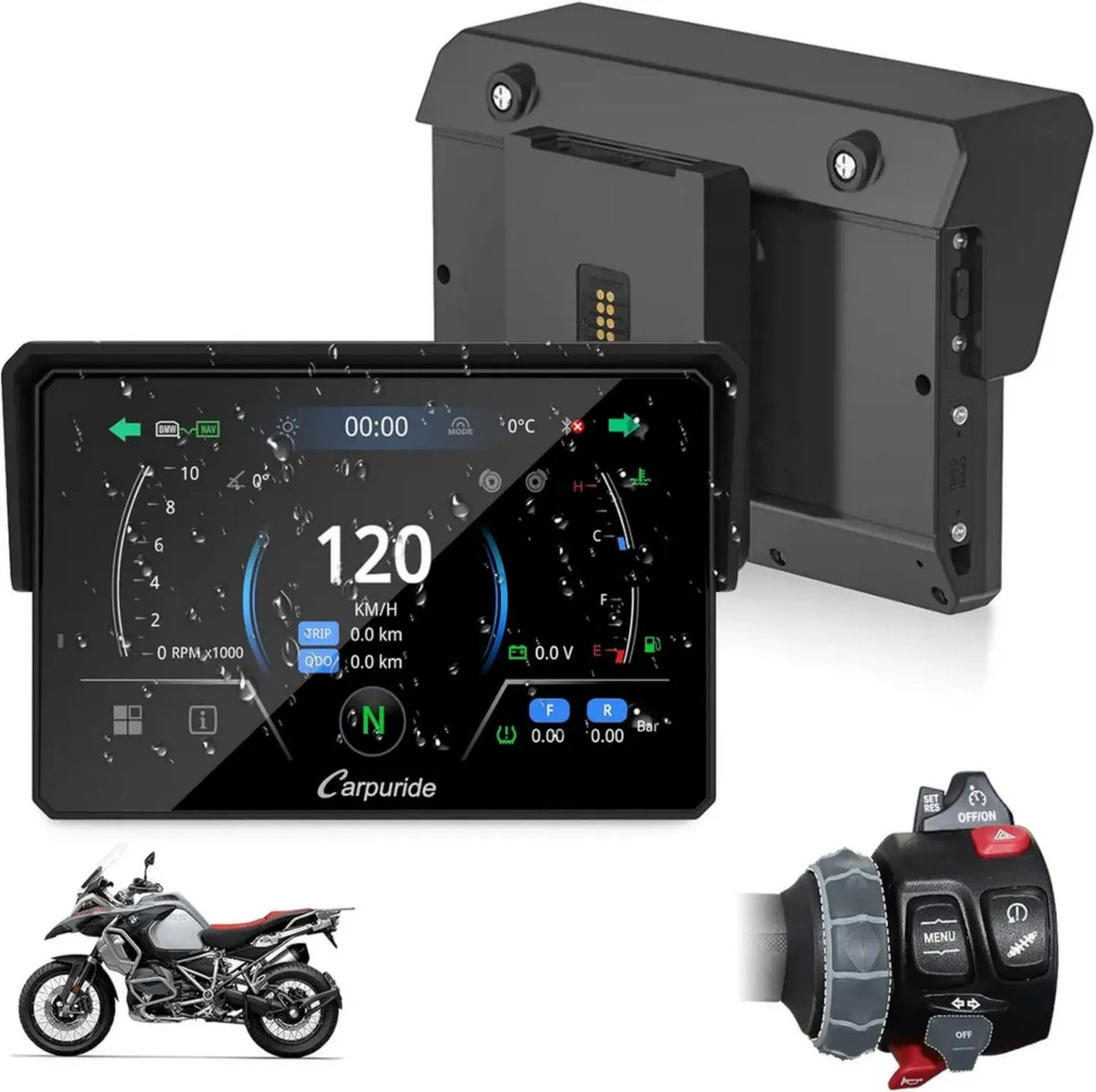 Navigatore Impermeabile 5'' per Moto BMW, CarPlay e Android Auto, Bluetooth Doppio, Lettore Dati, TPMS e Sensore di Luce