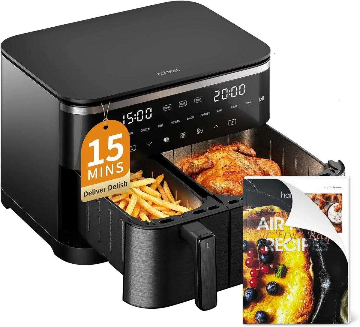 Friggitrice ad aria XXL 11L con doppio cestello, 10 programmi, touchscreen digitale, senza olio, antiaderente, regolazione temperatura 30-200°C, 78 ricette incluse